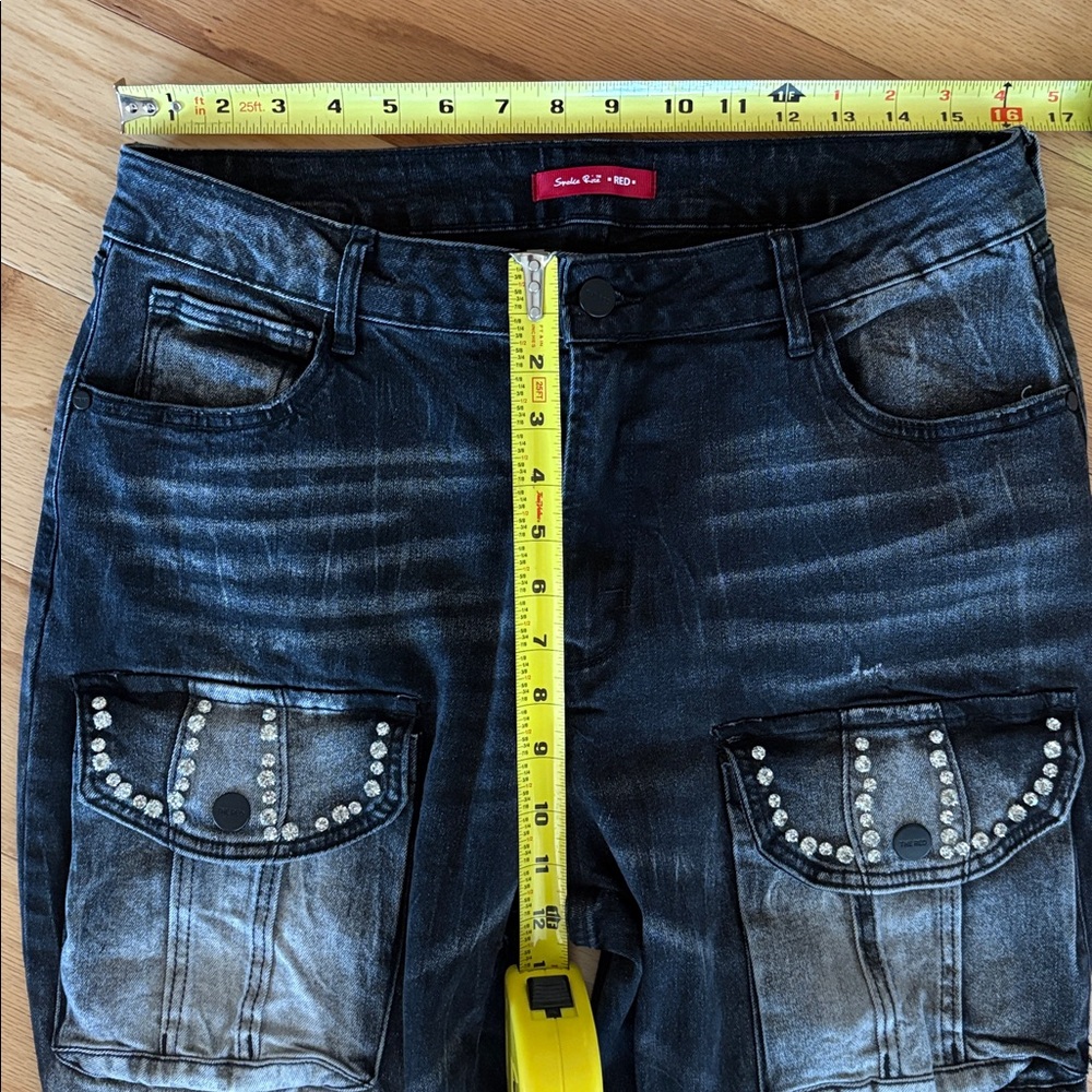 Smoke rise XL $110 Women's High Rise Rhinestone Stacked Jeans Pant storm black - Picture 7 of 14
